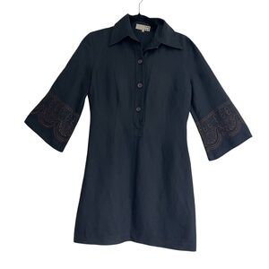 Vakkorama Embroidered Bell Sleeve Mini Dress Sz 38 (US 4/6) Black Linen Chic